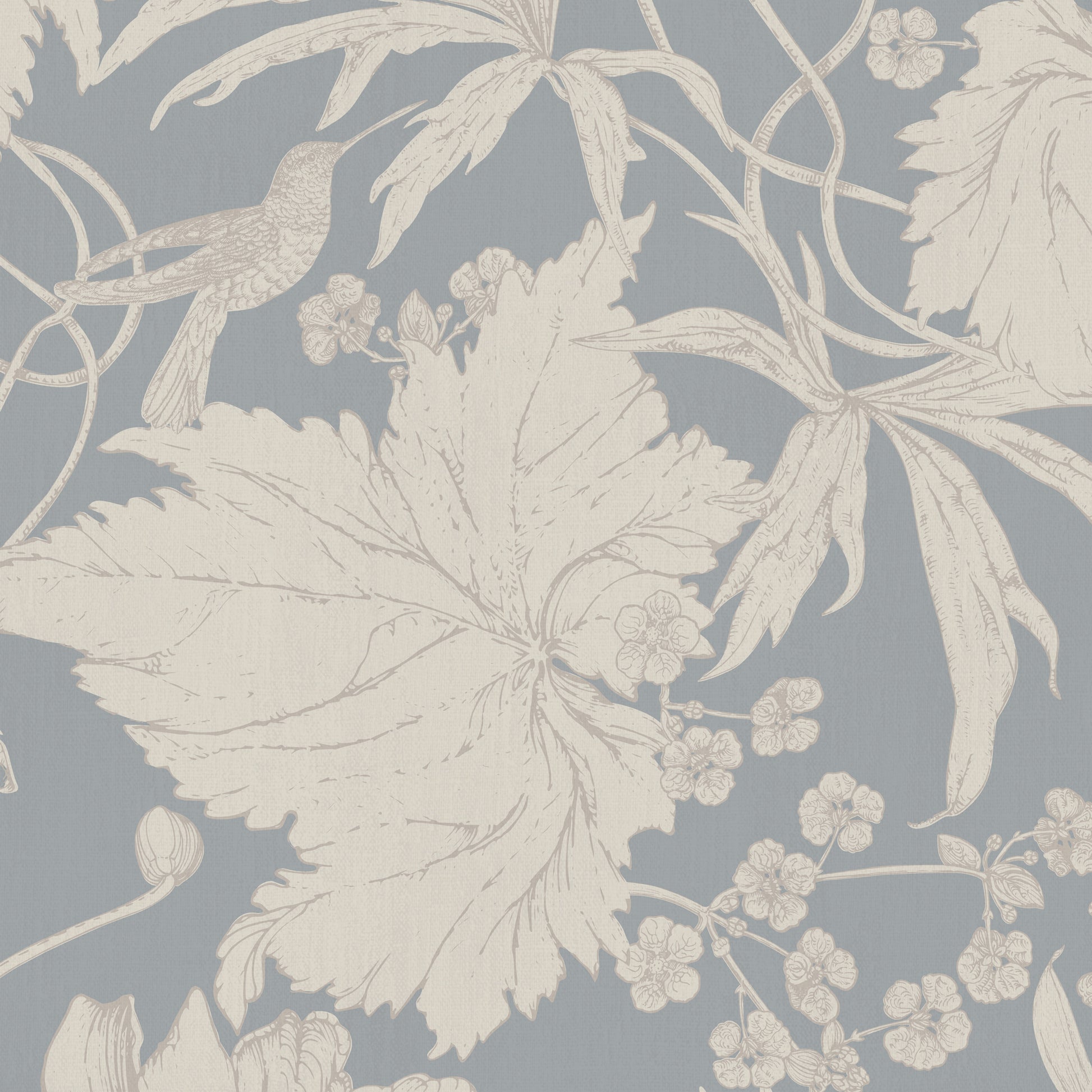 Floral and leaf wallpaper mural pattern with hummingbirds on a dusty blue background