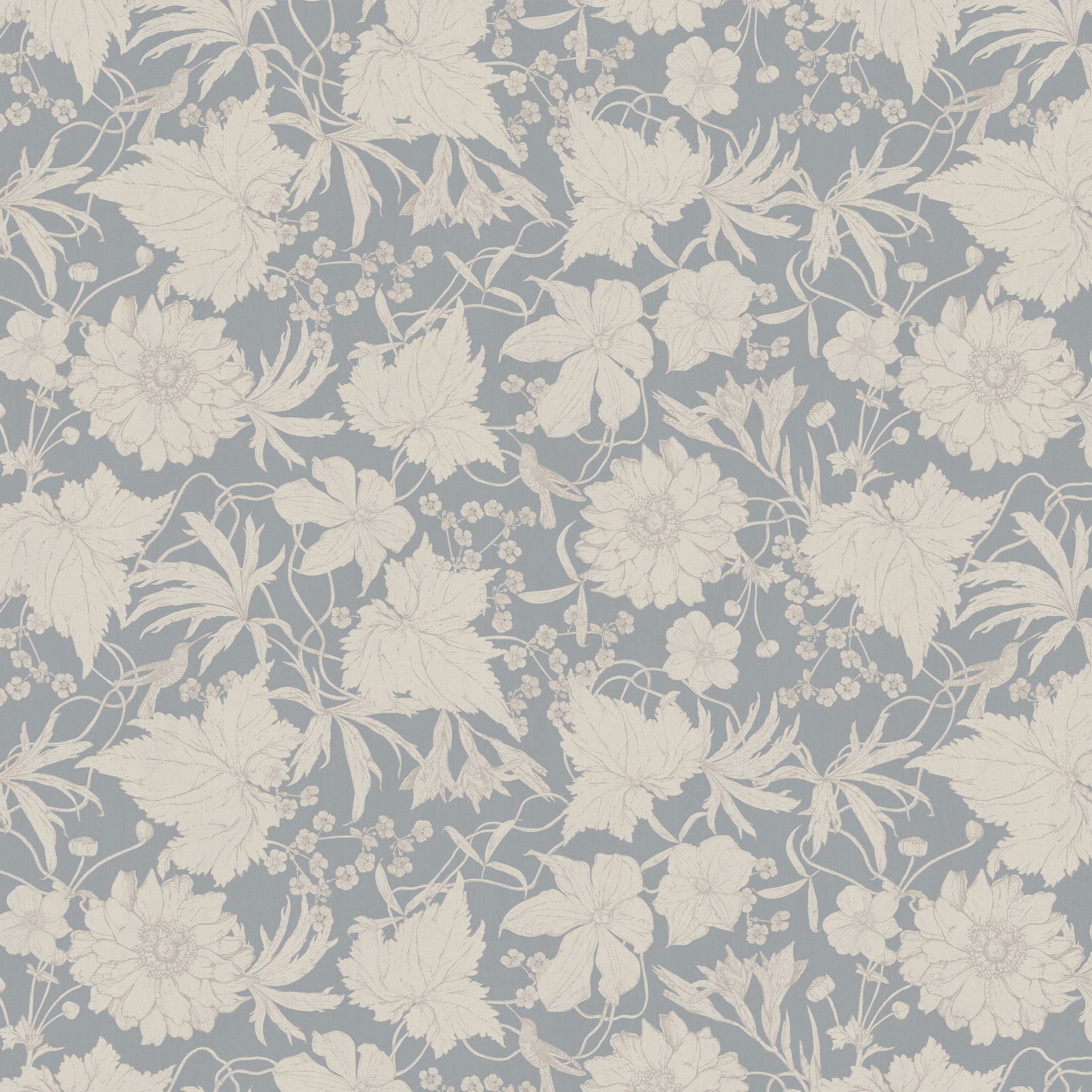 Floral pattern with beige flowers, forget-me-nots, clementia, gladiolus, large leaves and hummingbirds on a blue background.