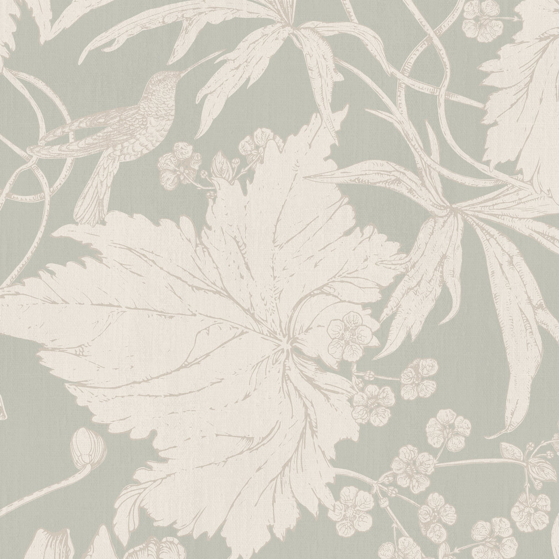 Floral and leaf pattern wallpaper with a hummingbird on a light green sage background