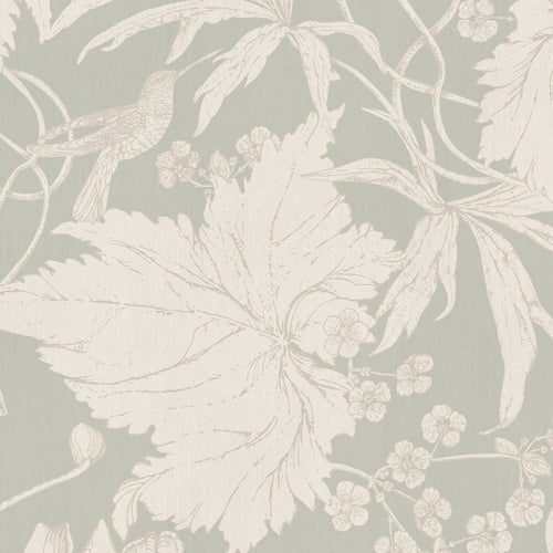 Floral and leaf pattern wallpaper with a hummingbird on a light green sage background