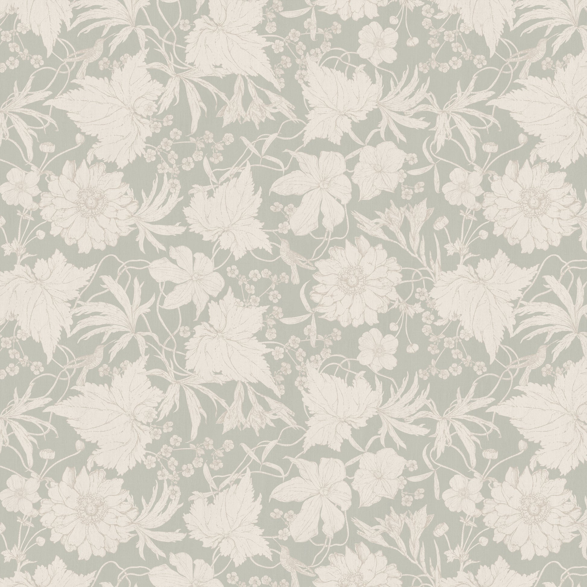 Vintage modern floral pattern with hummingbirds, white large and small flowers on a very light green background